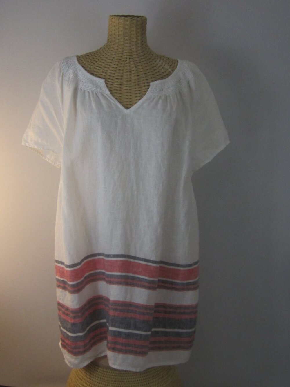 Talbots Women Plus 2X White Red Smocked Linen SS Tunic Top Stripes Relaxed Shirt